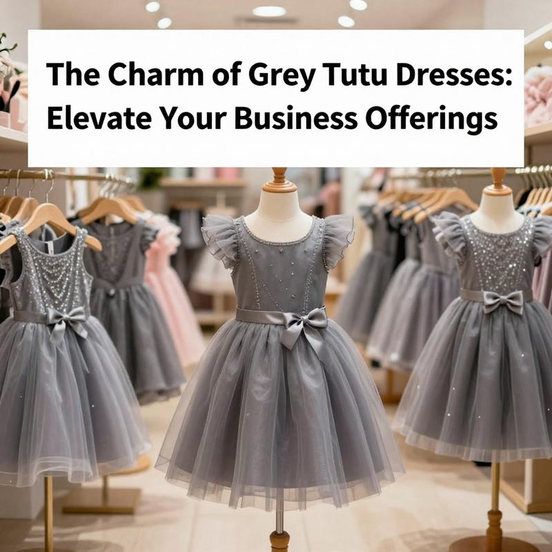 A retail display of grey tutu dresses, showcasing different styles and designs in a welcoming shopping environment.