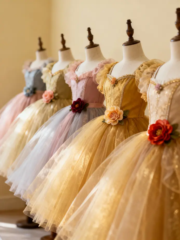 A colorful selection of Disney Princess-themed tutu dresses perfect for young fans.