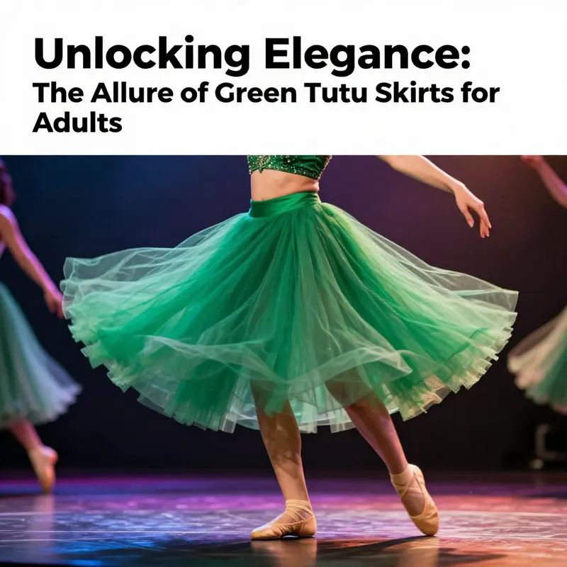 Adult dancer in a green tutu skirt performing, enhanced by colorful stage lighting.