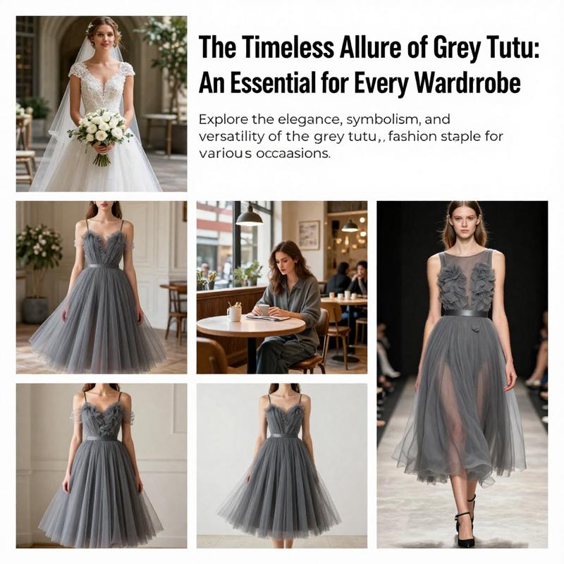 A collage of grey tutus displayed in multiple settings, highlighting their versatility in different fashion contexts.