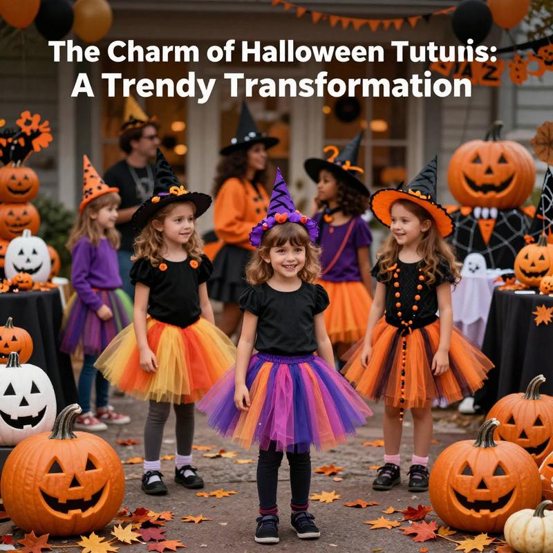 Groups of joyous participants wearing colorful Halloween tutus at a festive celebration.