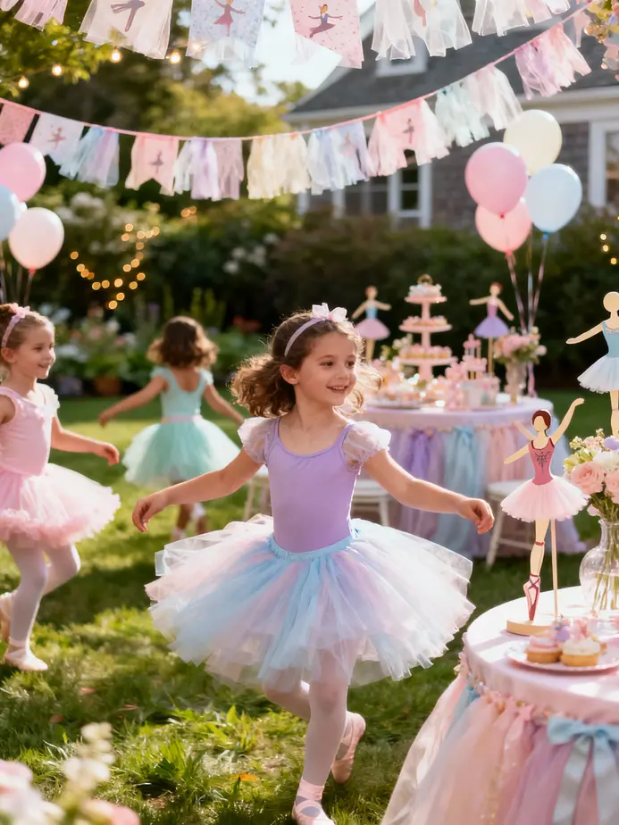 A vibrant snapshot of a tutu cute themed birthday party blending outdoor charm with ballet aesthetics.