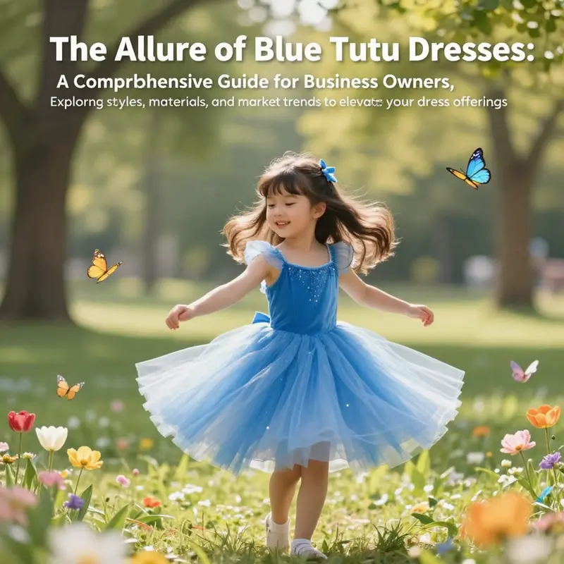 A young girl happily twirling in a blue tutu dress in a green park.