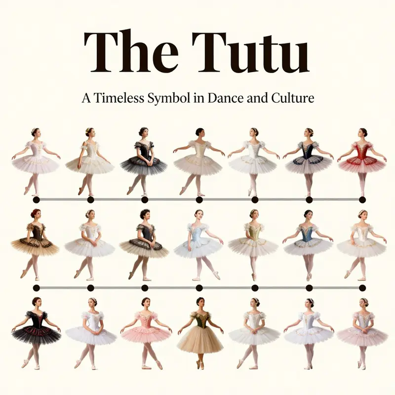 An illustrated timeline showcasing the evolution of tutus through different eras.