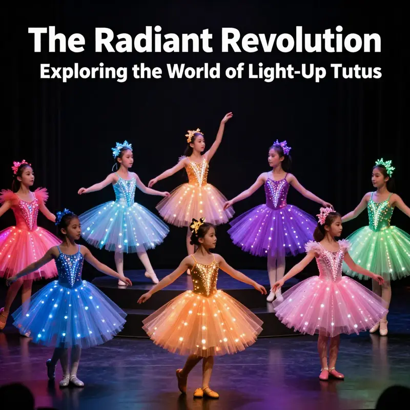 An array of creatively designed light-up tutus illuminating a stage, exemplifying artistry in modern dance wear.