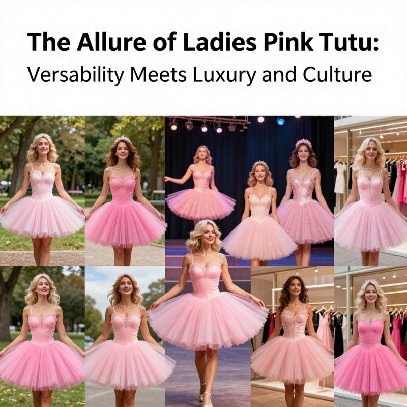 Various ladies pink tutus being worn by women in different environments, showcasing the garment's versatility and spirit.