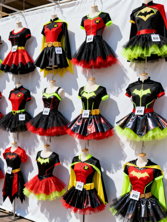 An overview of the Robin Batgirl costume design, highlighting its creative blend of superhero features and playful tutu style.