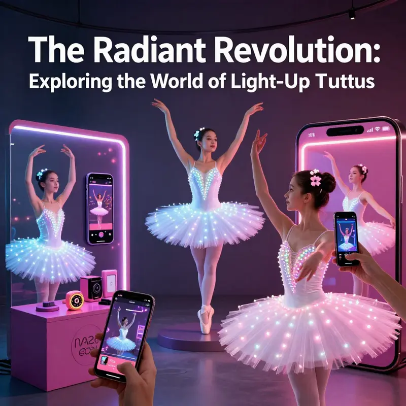 An array of creatively designed light-up tutus illuminating a stage, exemplifying artistry in modern dance wear.