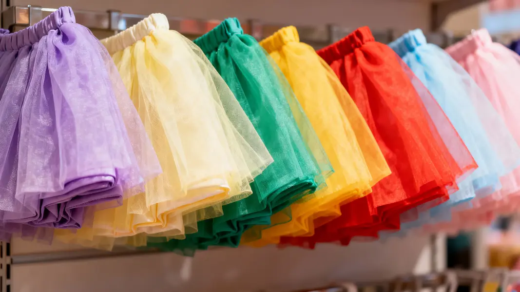 A variety of colorful toddler tutu skirts highlighting the lightweight tulle fabric construction.