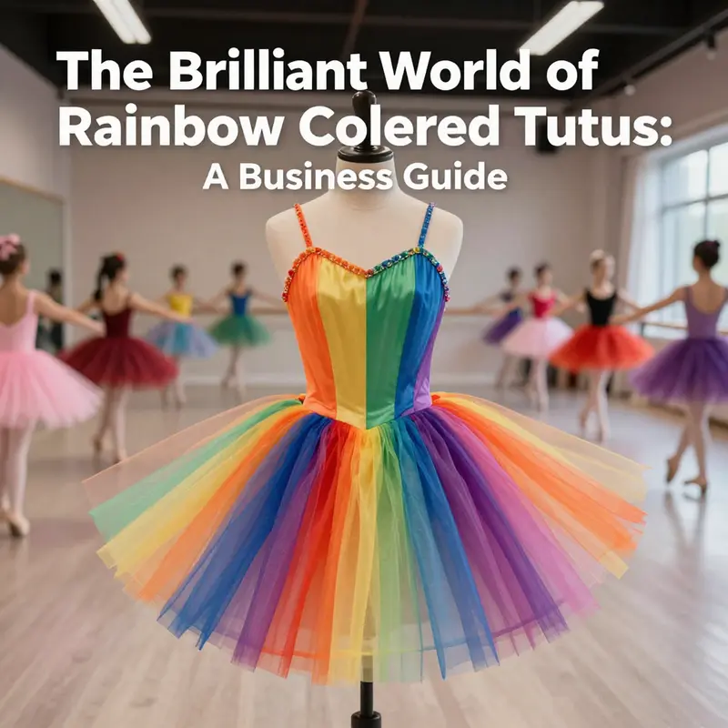 A rainbow-colored tutu displayed in a vibrant dance studio setting.