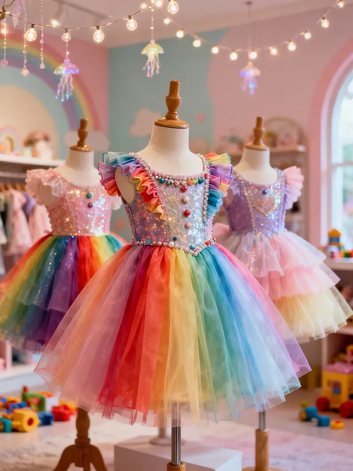 A vibrant display of rainbow tutu dresses showcasing their unique features and design elements.