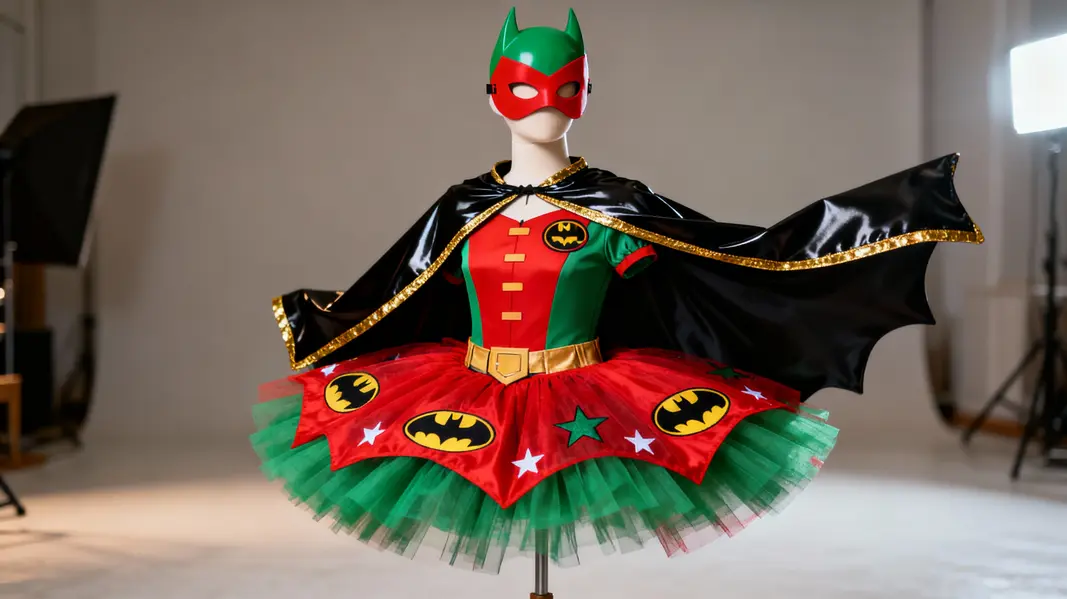 An overview of the Robin Batgirl costume design, highlighting its creative blend of superhero features and playful tutu style.