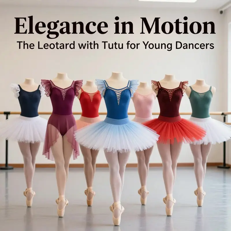 A variety of leotard and tutu combinations, highlighting the diversity of styles available for young dancers.