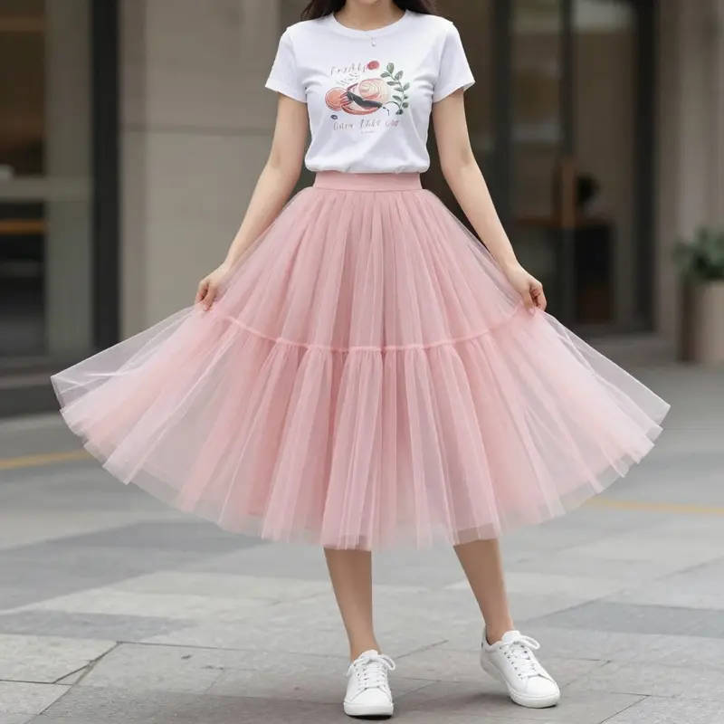 Casual to elegant: A model wears a pink tutu skirt paired with relaxed attire, exemplifying versatile styling options.