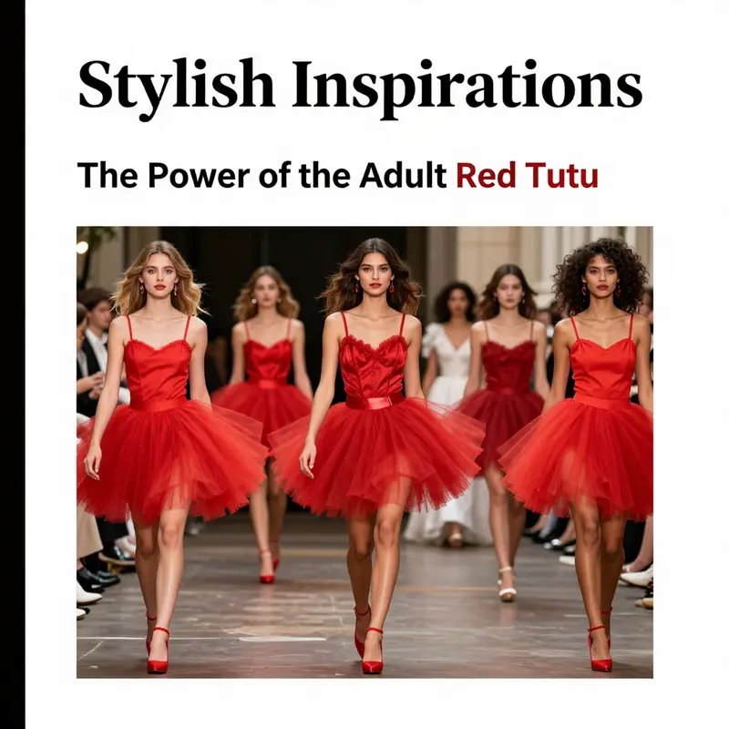 Diverse group of women styling adult red tutus in various fashionable settings.