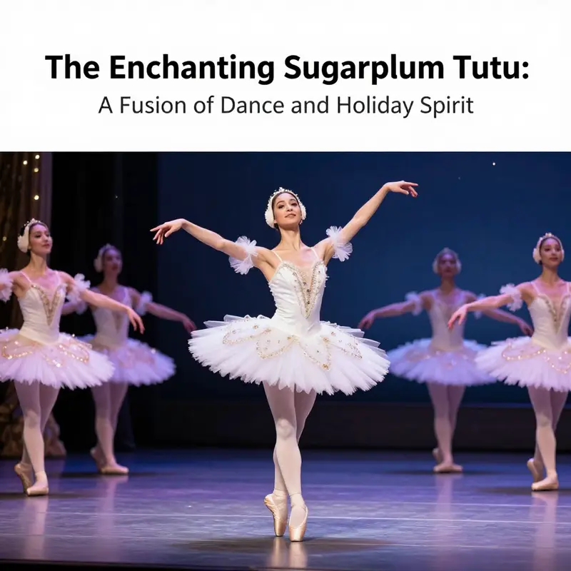 A dancer performing in a sugarplum tutu amidst a dazzling ballet stage, filled with festive lights.