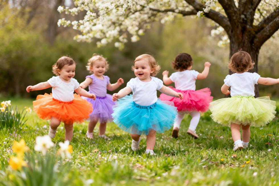 Group of happy toddlers wearing colorful tutu skirts in an outdoor setting, reflecting the enchanting style of playful children's fashion.