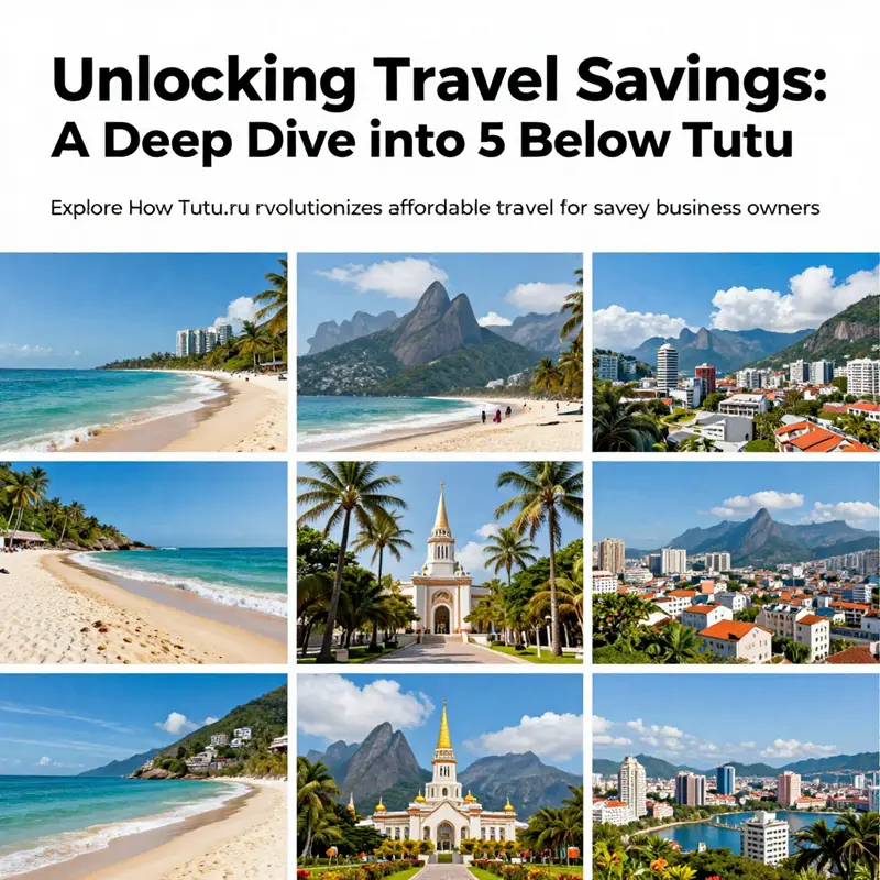 A vibrant collage of various travel destinations showcasing the benefits of affordable travel through Tutu.ru.