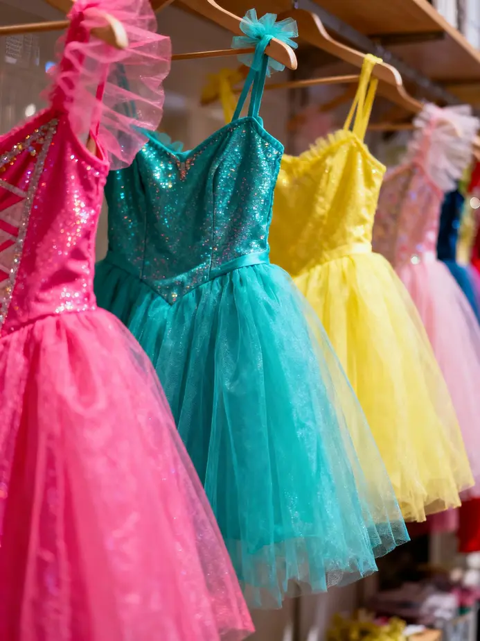 A showcase of vibrant and detailed design features of tutu dresses fit for a princess.