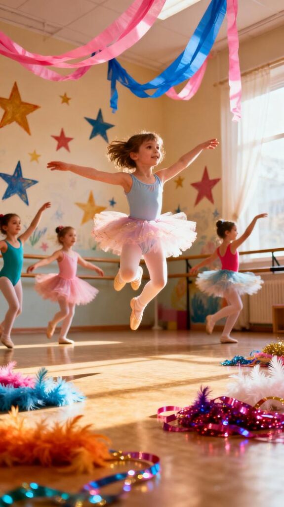 Young children participating in a fun and imaginative ballet class at Tutu Ballet School, showcasing the vibrant learning environment.