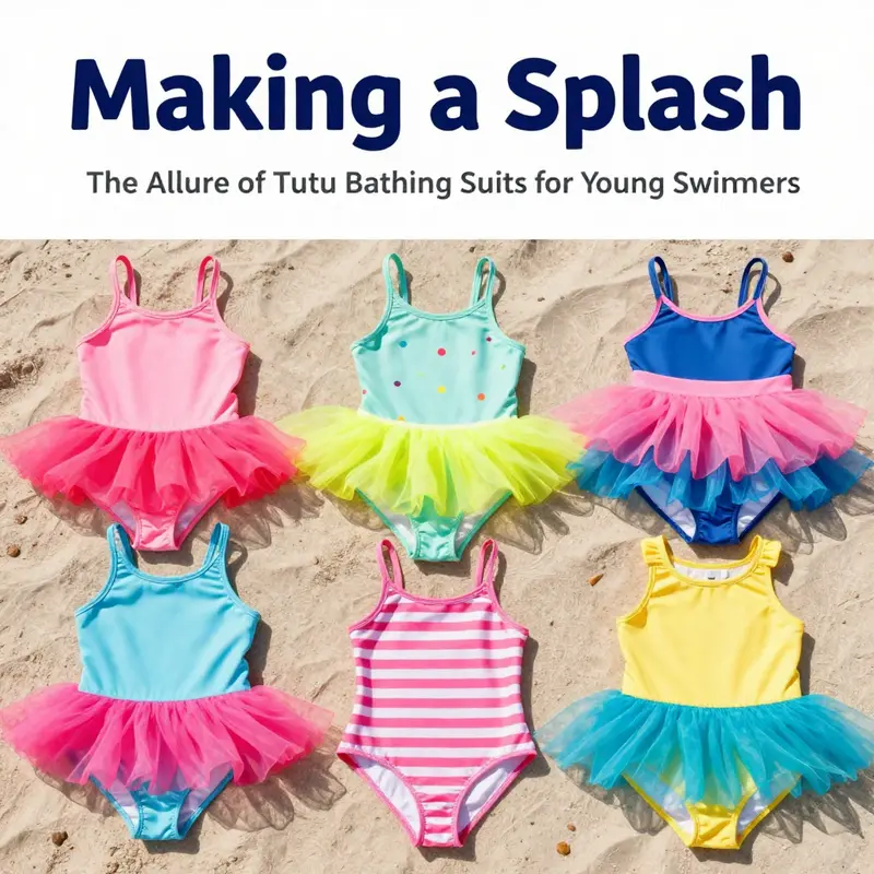 A collection of colorful tutu bathing suits, designed for style and comfort for young girls.