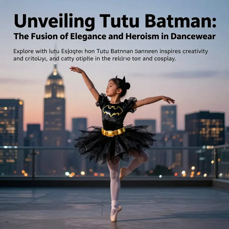 A child performing ballet in a Tutu Batman outfit, illuminated by the city skyline at dusk.
