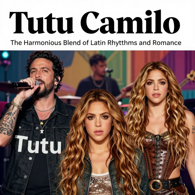 A vibrant collage depicting Camilo, Pedro Capó, and Shakira, representing their musical collaboration on 'Tutu'.