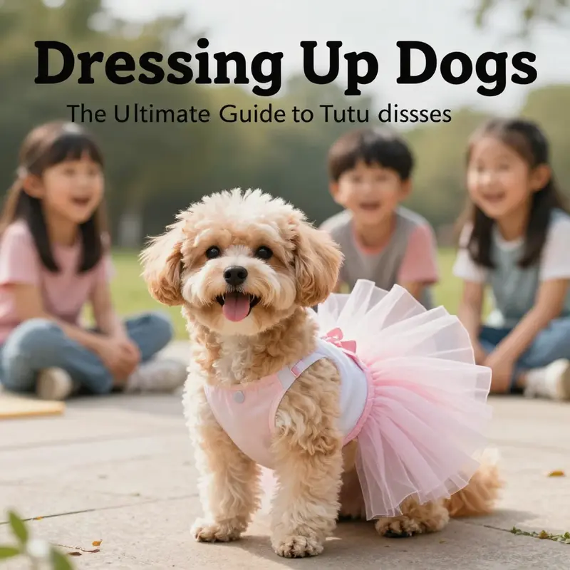 A smiling dog wearing a tutu dress, with playing children in the background, representing the fun and joy of dressing pets beautifully.
