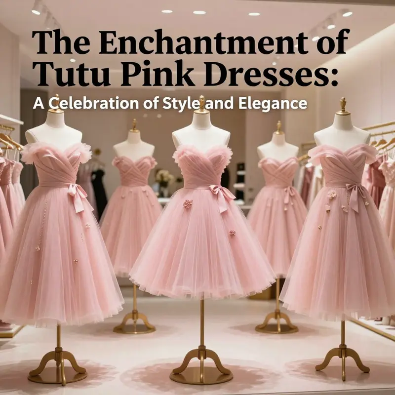 Banner image of a collection of tutu pink dresses displayed in a chic boutique setting.