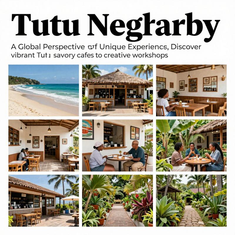 Artistic collage representing various Tutu locations with elements from beaches, cafes, workshops, and gardens.