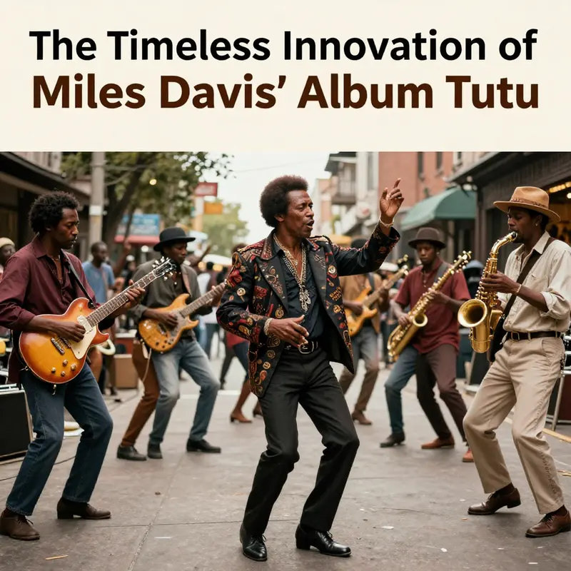 Miles Davis in concert, representing his pivotal role in jazz history alongside illustrations of his influential album, Tutu.