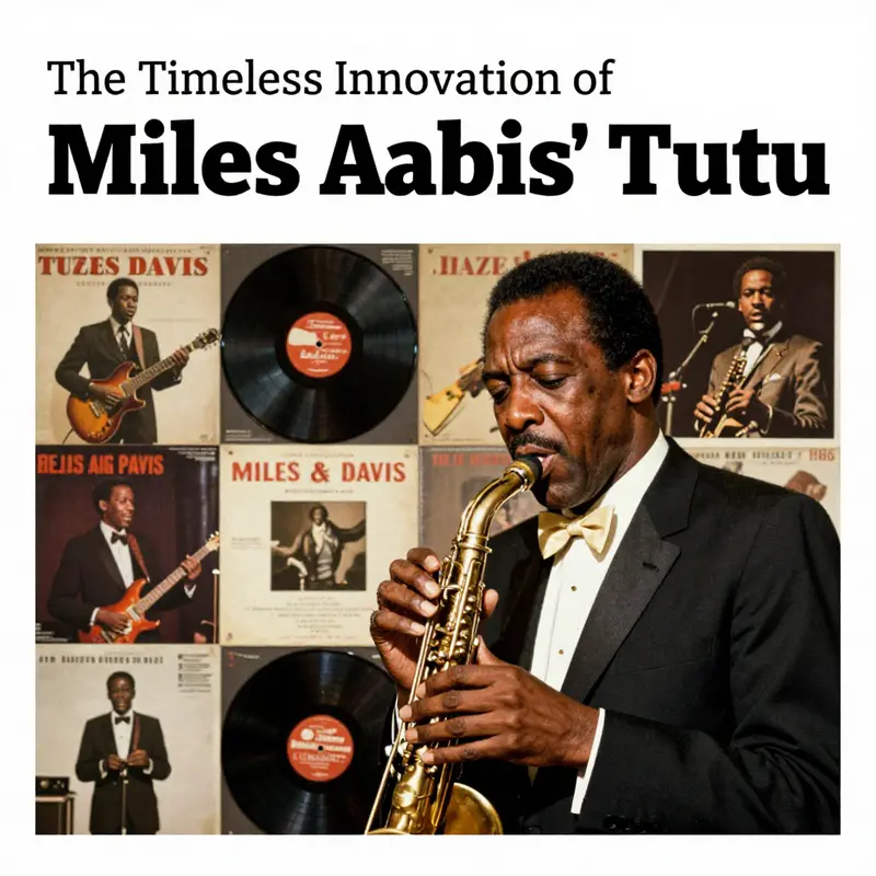 Miles Davis in concert, representing his pivotal role in jazz history alongside illustrations of his influential album, Tutu.