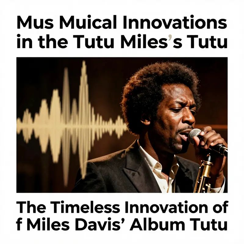 Miles Davis in concert, representing his pivotal role in jazz history alongside illustrations of his influential album, Tutu.