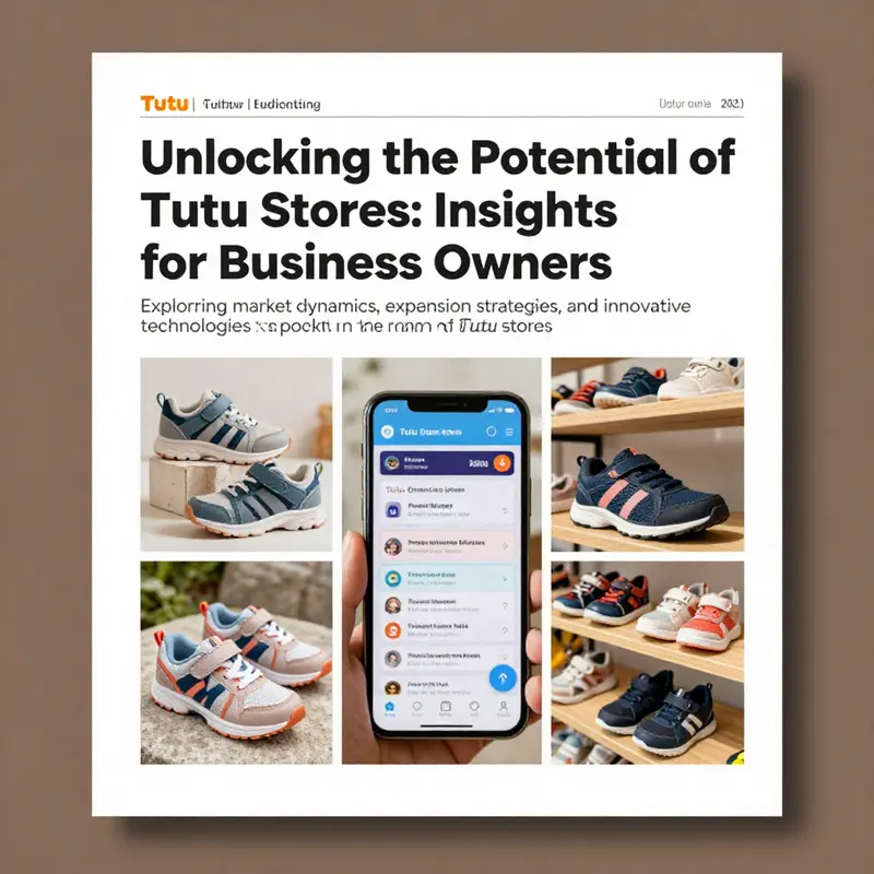 Collage of Tutu children's footwear and digital platform imagery, representing a comprehensive look at Tutu stores.