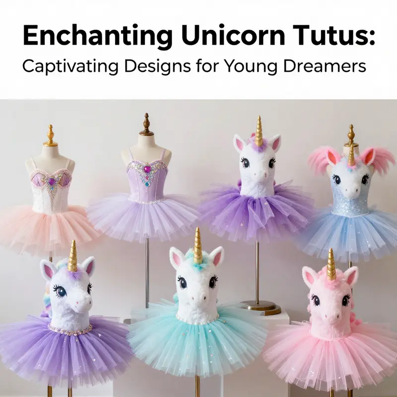 A collection of unicorn tutus in vibrant colors, highlighting their enchanting designs.