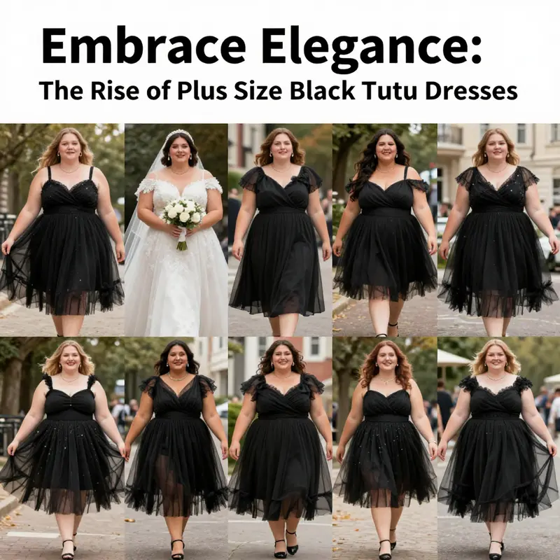 A stunning plus size model exuding confidence in a black tutu dress amidst a natural backdrop.
