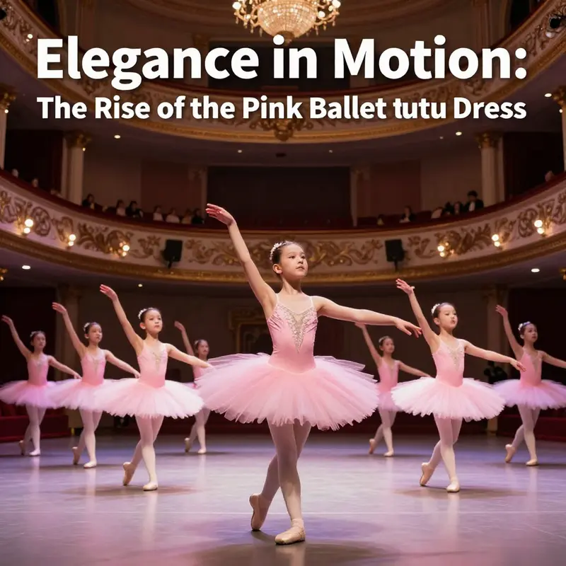 A group of young dancers in pink ballet tutus performing on a theater stage.