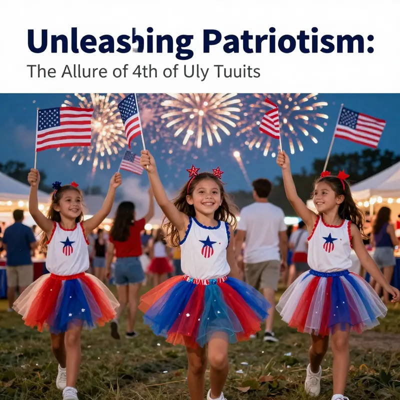 People celebrating July 4th in patriotic tutus with fireworks in the background.