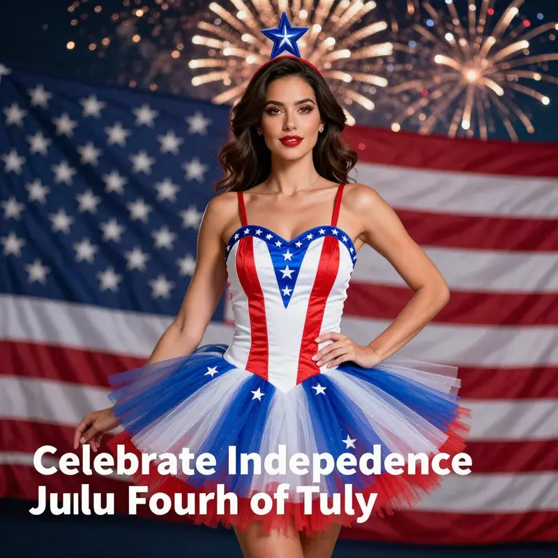 A stylish adult showcasing a festive Fourth of July tutu, symbolizing patriotic celebration.