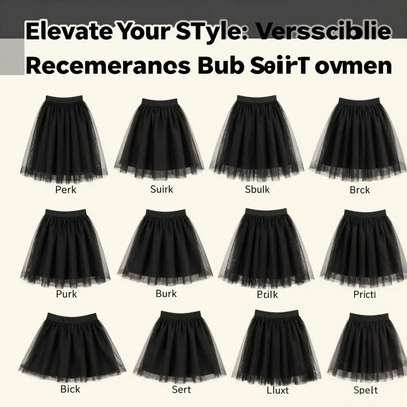 A collection of black tutu skirts exhibiting various designs and styles suited for women.