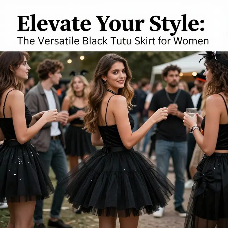 A collection of black tutu skirts exhibiting various designs and styles suited for women.