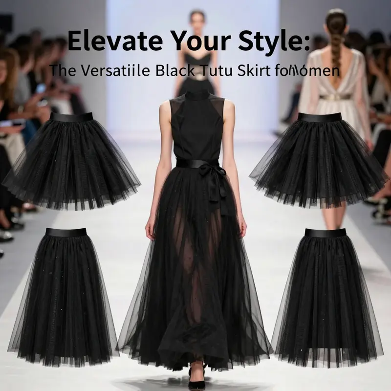 A collection of black tutu skirts exhibiting various designs and styles suited for women.