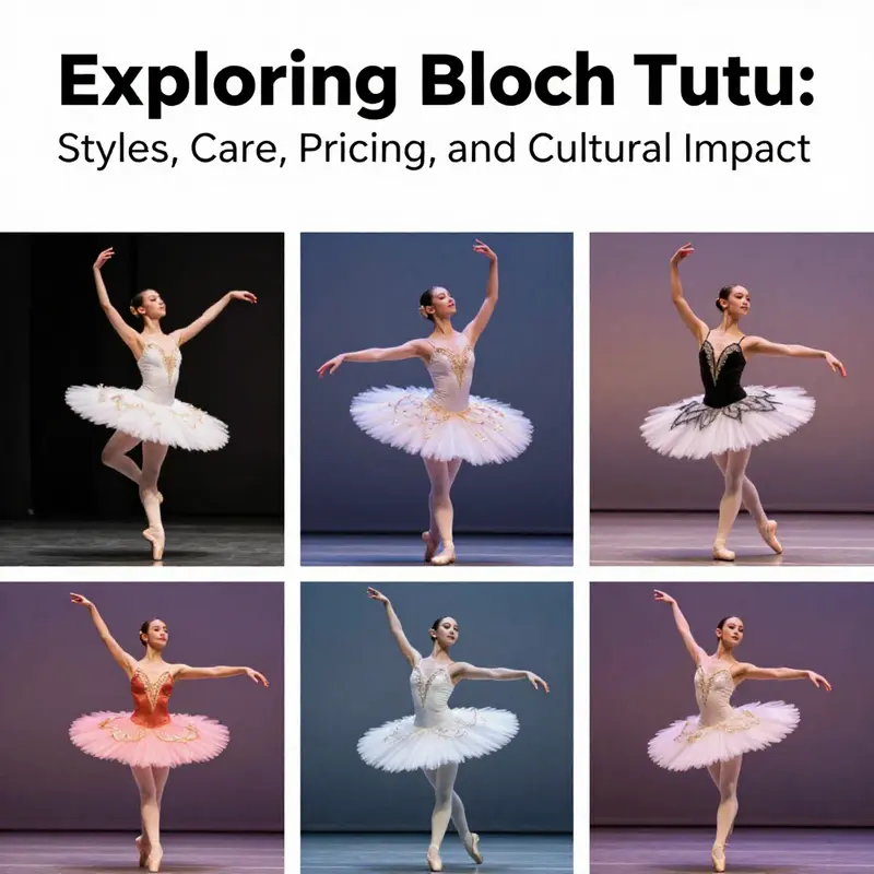Collage of Bloch tutus representing various designs and colors in a graceful display.