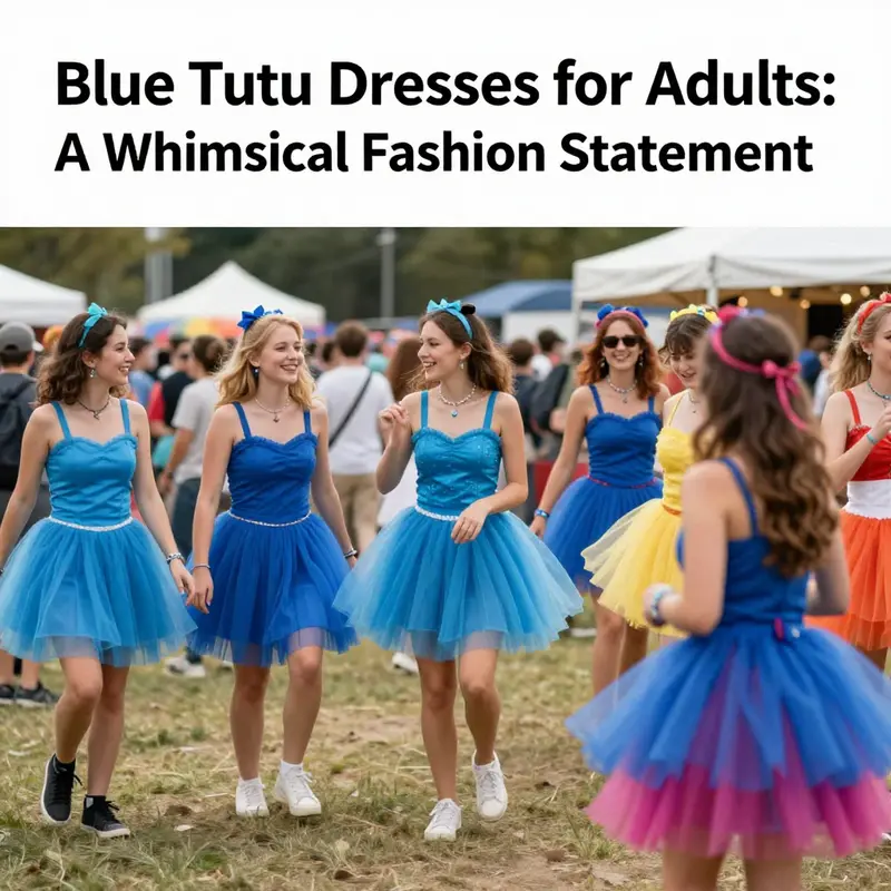 Adults enjoying a festival in colorful blue tutu dresses, representing joy and creativity.