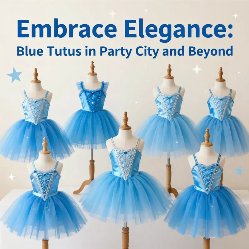 A vibrant collection of blue tutus displayed with a festive backdrop.