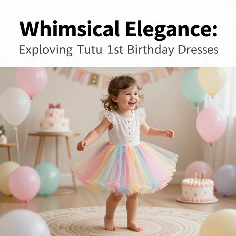 A smiling toddler wearing a tutu dress, amidst birthday decorations and joyful atmosphere, perfectly embodying a 1st birthday celebration.