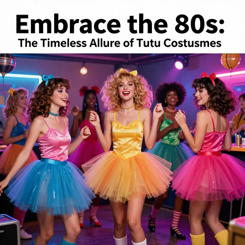 Group of individuals celebrating in colorful 80s tutu costumes, immersed in a neon-drenched atmosphere.