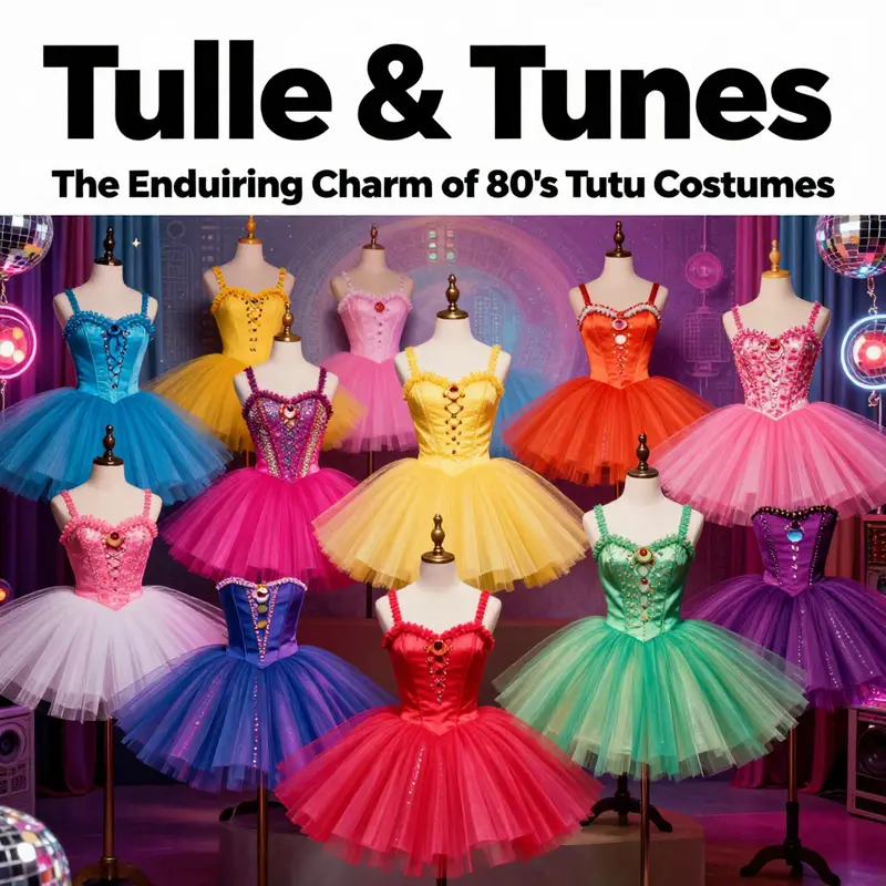 A vibrant display of numerous 80's tutu costumes against a nostalgic 80s background.