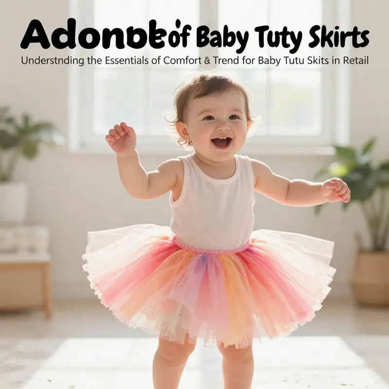 Cheerful baby wearing a tutu skirt in a sunlit environment, playing happily.