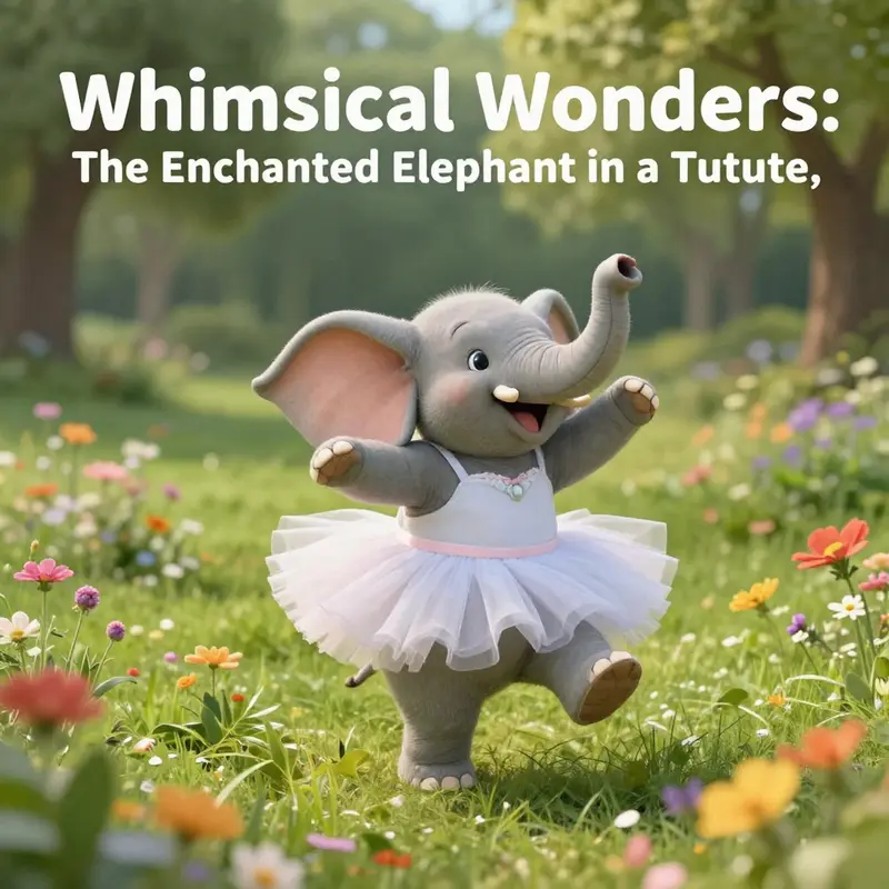 An elephant wearing a colorful tutu, joyfully dancing in a green meadow filled with bright flowers, embodying creativity and happiness.